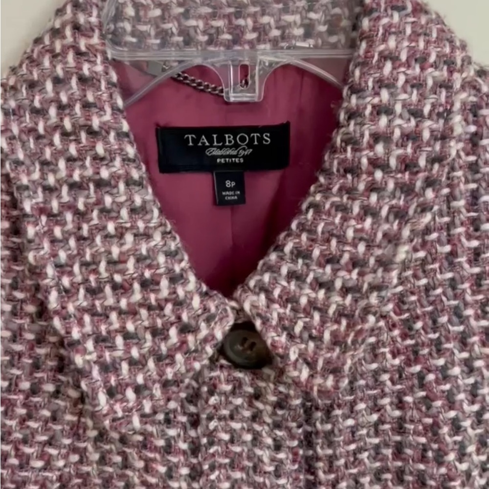 Women’s Talbots Purple Grey Tweed Button Front Wool Blend Blazer Size Petite 8 - Picture 2 of 11